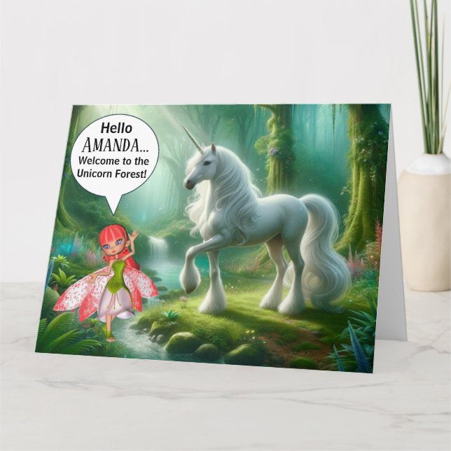 Tarjeta de cumpleaños de bosque de Unicorn (Anverso)