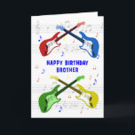Tarjeta de cumpleaños de Brother Guitars<br><div class="desc">Una hermosa tarjeta de cumpleaños para un hermano. Arte colorido de guitarra eléctrica con una escala musical en el fondo. No puedes tener demasiadas guitarras. Una tarjeta de cumpleaños de guitarra muy genial, celebra la energía y la pura diversión de este instrumento musical. Una tarjeta de cumpleaños perfecta para guitarristas...</div>