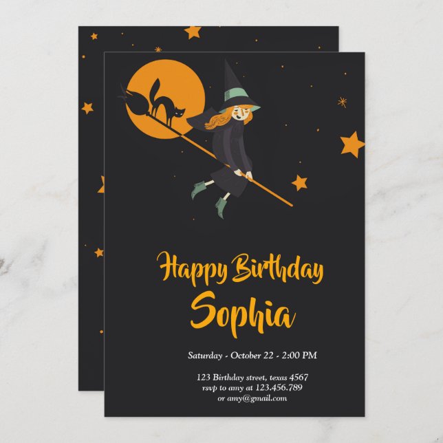 tarjeta de cumpleaños de bruja y gato (Anverso / Reverso)