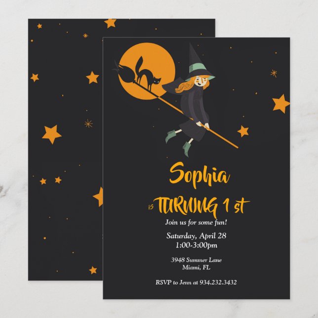 tarjeta de cumpleaños de bruja y gato (Anverso / Reverso)