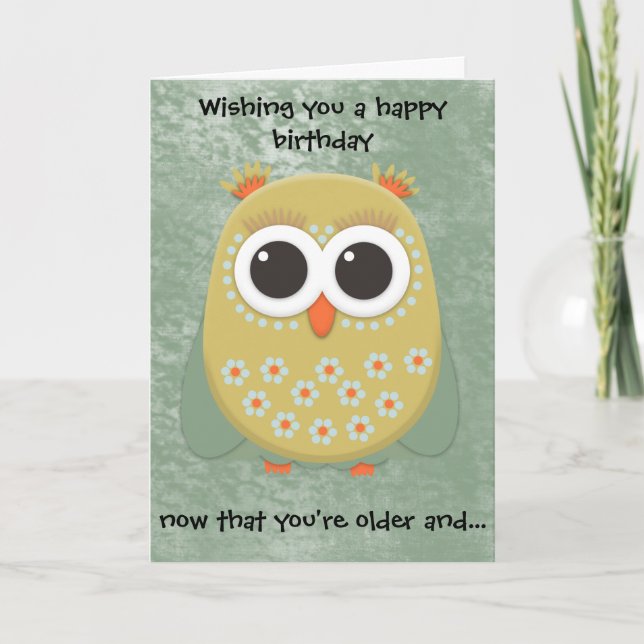 Tarjeta de cumpleaños de búho amarillo naranja ver (Anverso)