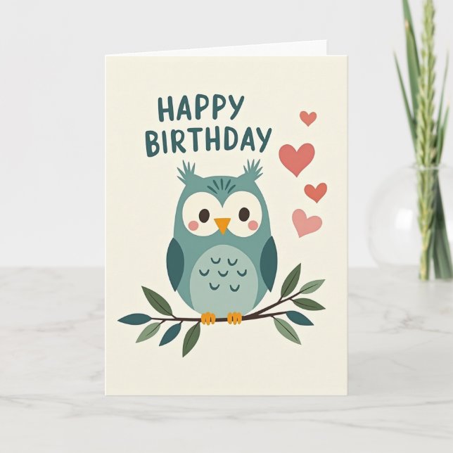 Tarjeta de cumpleaños de búho azul verdoso (Anverso)