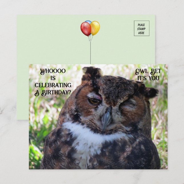 Tarjeta de cumpleaños de búho cornudo (Anverso / Reverso)