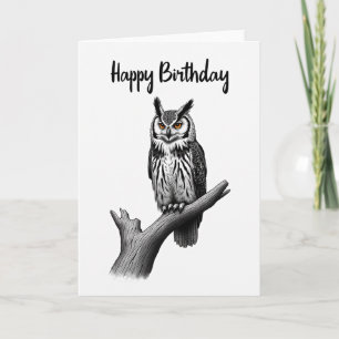 Tarjeta de cumpleaños de búho monocromo