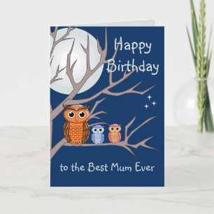 Tarjeta de cumpleaños de búho y 2 búhos pequeños