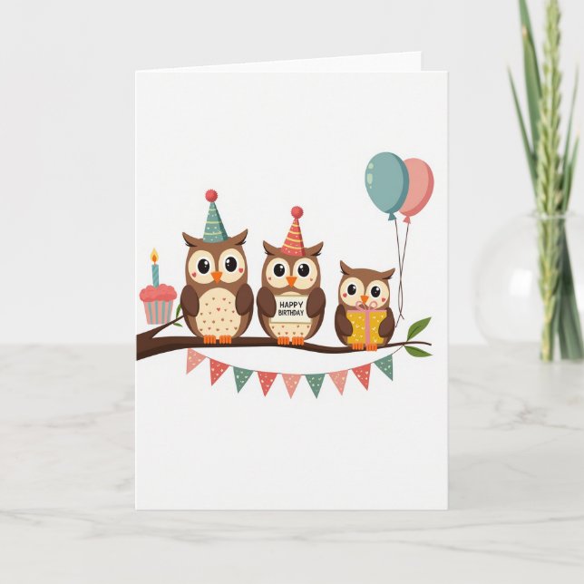 Tarjeta de cumpleaños de búhos caprichosos (Anverso)