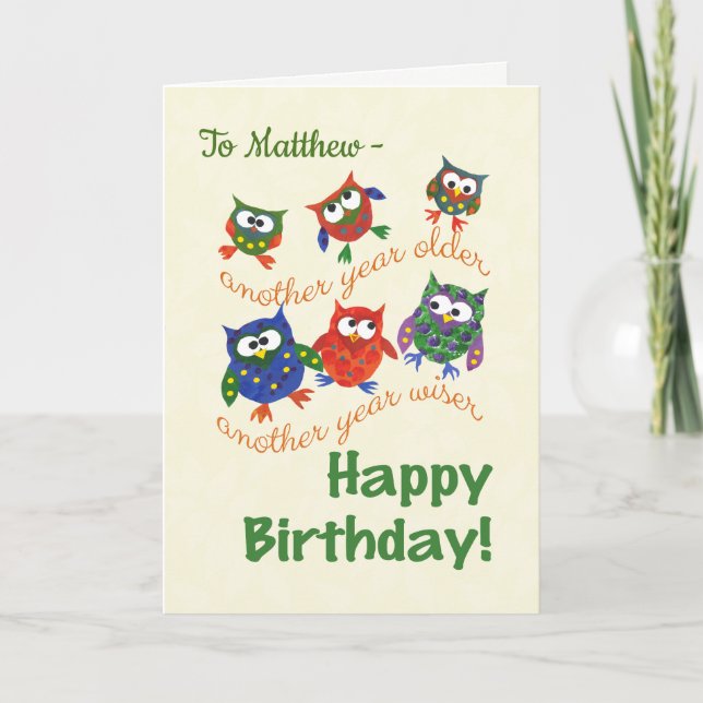 Tarjeta de cumpleaños de búhos de compañía para pe (Anverso)