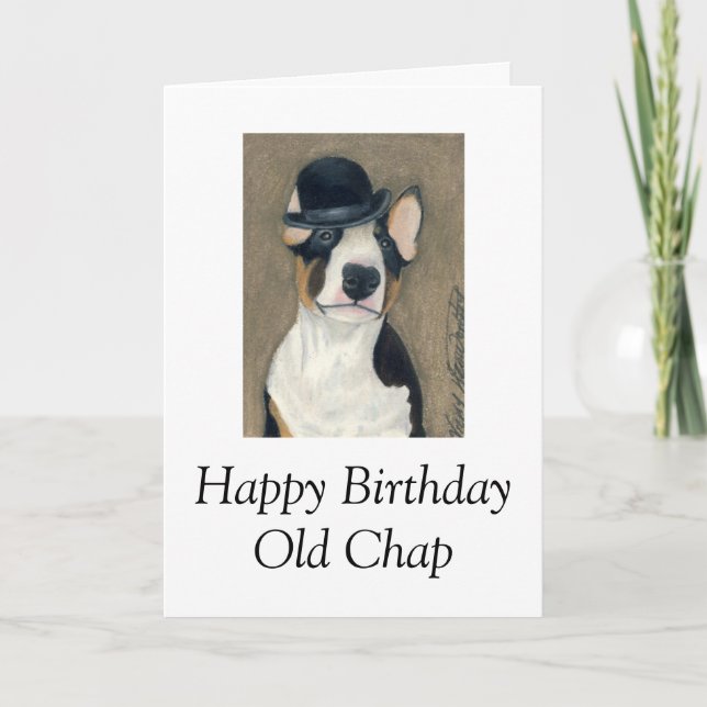 Tarjeta de cumpleaños de Bull Terrier con sombrero (Anverso)
