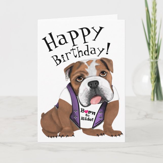 Tarjeta de cumpleaños de Bulldog de motociclismo * (Anverso)