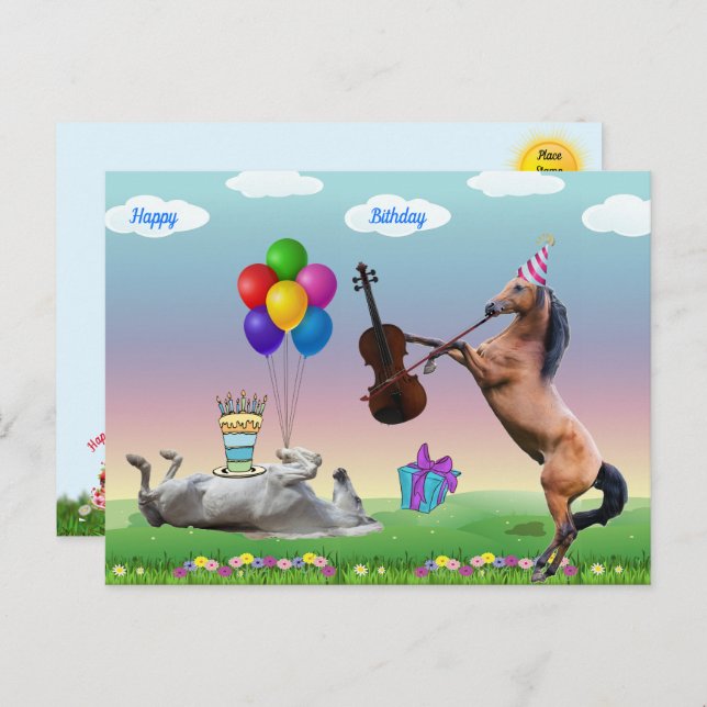 Tarjeta de cumpleaños de caballo tocando el violín (Anverso / Reverso)