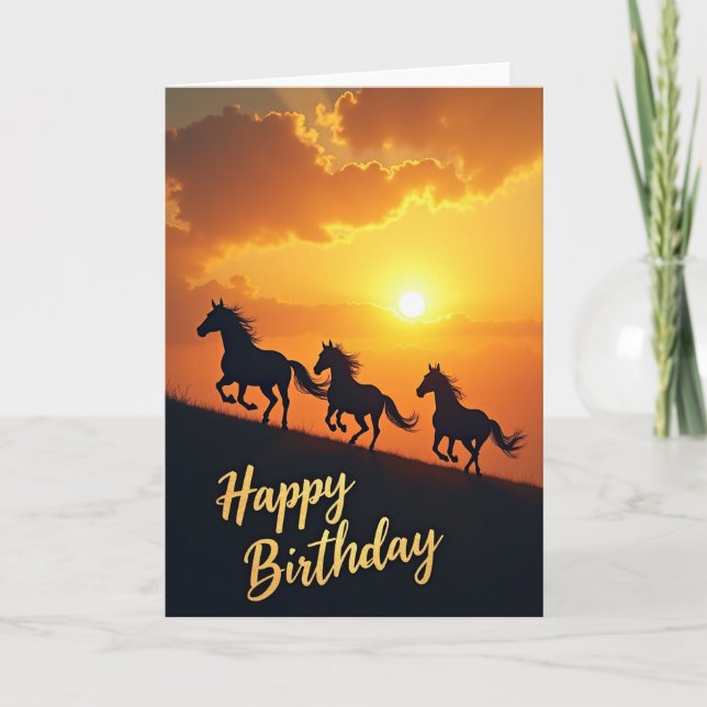 Tarjeta de cumpleaños de caballos al atardecer (Anverso)