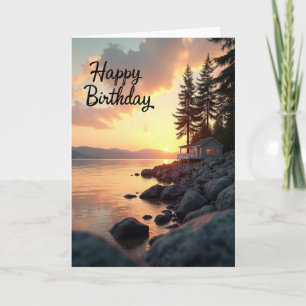 Tarjeta de cumpleaños de cabaña al atardecer