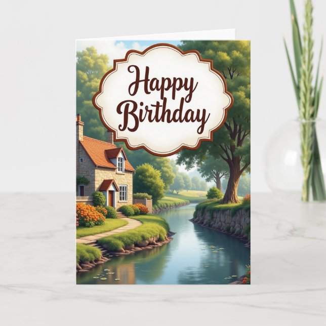 Tarjeta de cumpleaños de cabaña pintoresca (Anverso)