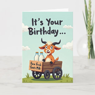 Tarjeta de cumpleaños de cabra en carro dulce