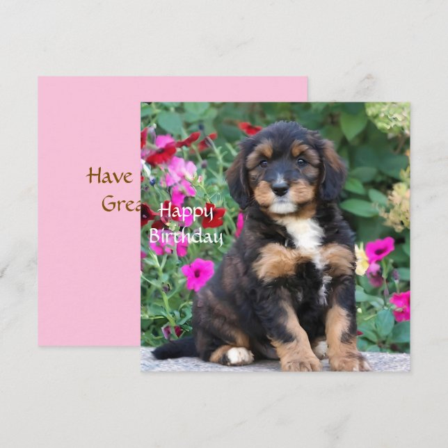 Tarjeta de cumpleaños de cachorro Bernedoodle entr (Anverso / Reverso)