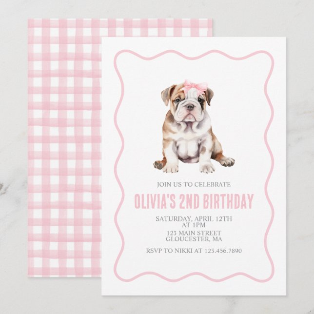 Tarjeta de cumpleaños de cachorro bulldog preppy a (Anverso / Reverso)