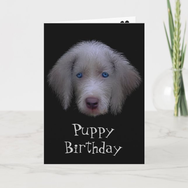 Tarjeta de cumpleaños de cachorro con ojos azules (Anverso)