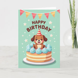 Tarjeta de cumpleaños de cachorro con pastel dulce