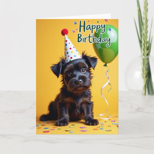Tarjeta de cumpleaños de cachorro con sombrero (Anverso)