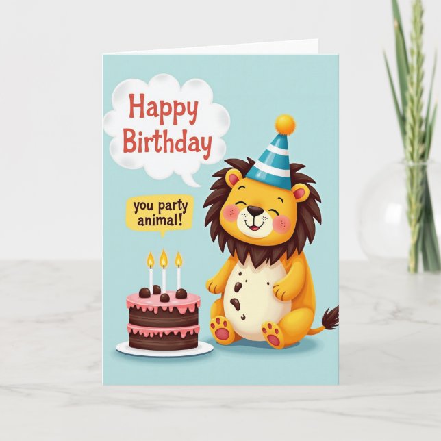 Tarjeta de cumpleaños de cachorro de león alegre (Anverso)
