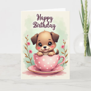Tarjeta de cumpleaños de cachorro en taza de té