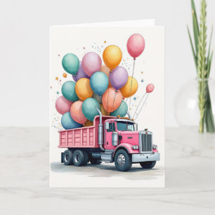Tarjeta de cumpleaños de camión rosa con globos