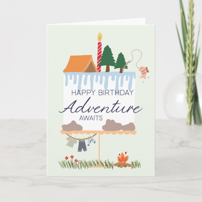 Tarjeta de cumpleaños de camping: La aventura espe (Anverso)
