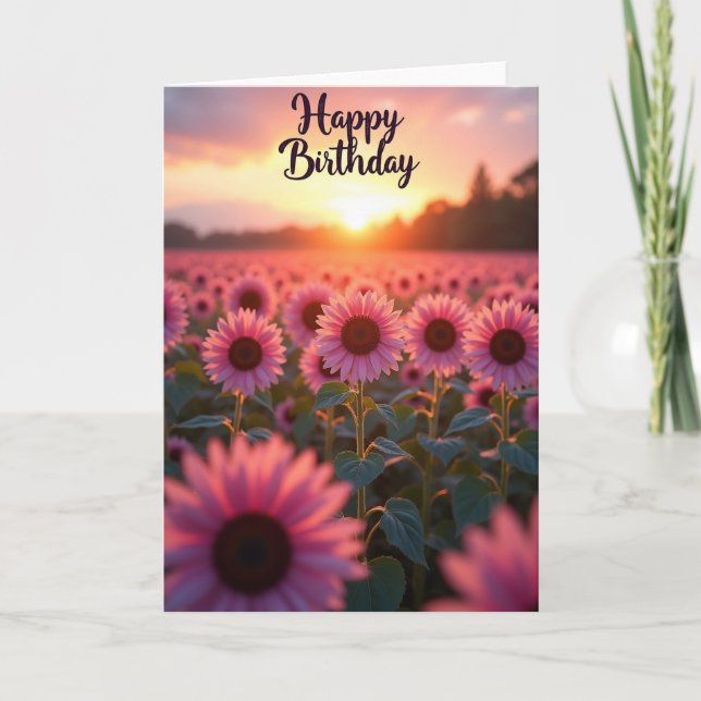 Tarjeta de cumpleaños de campo de flores al atarde (Anverso)