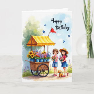 Tarjeta de cumpleaños de carrito de flores para ni
