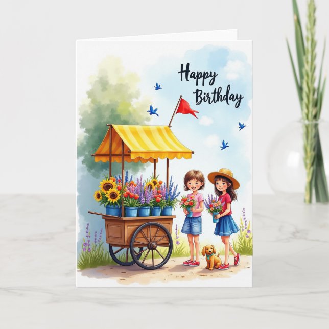 Tarjeta de cumpleaños de carrito de flores para ni (Anverso)