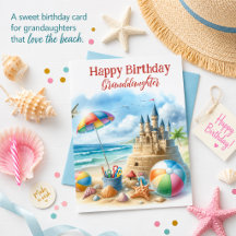 Tarjeta de cumpleaños de castillo de arena en la p