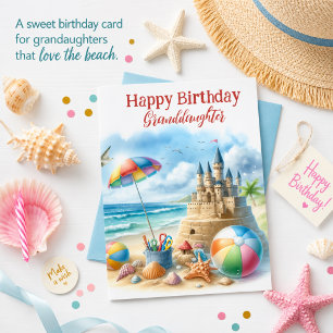 Tarjeta de cumpleaños de castillo de arena en la p