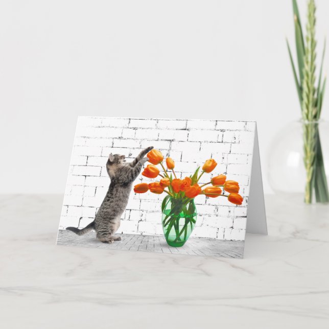 Tarjeta de cumpleaños de Cat con Tulips Naranja (Anverso)