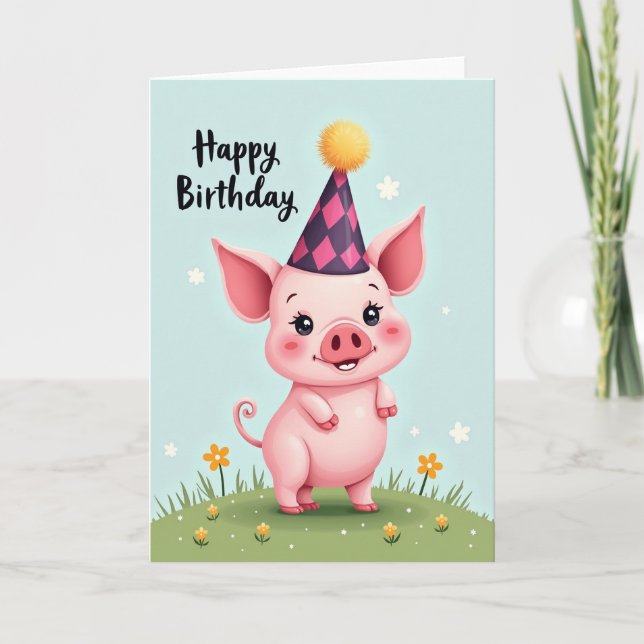 Tarjeta de Cumpleaños de Cerdito Rosa (Anverso)