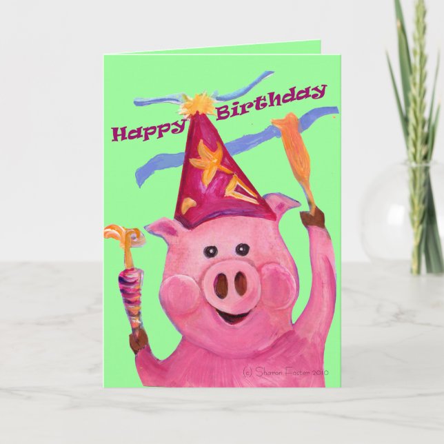 Tarjeta de cumpleaños de cerdo de celebración (Anverso)