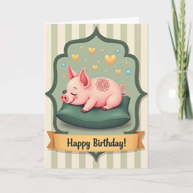 Tarjeta de cumpleaños de cerdo durmiente dulce (Anverso)