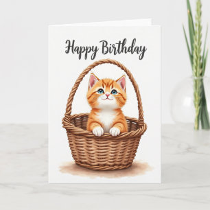 Tarjeta de cumpleaños de cesta de gatito lindo
