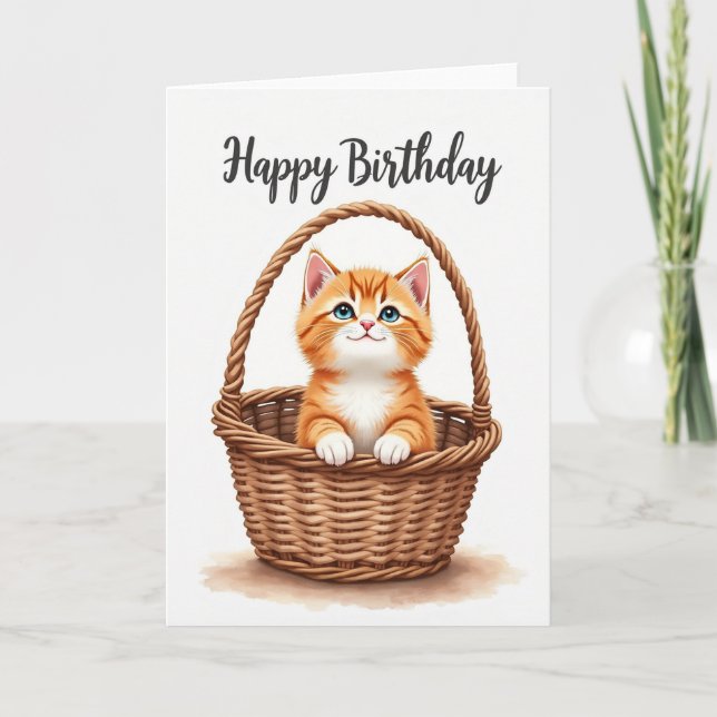 Tarjeta de cumpleaños de cesta de gatito lindo (Anverso)