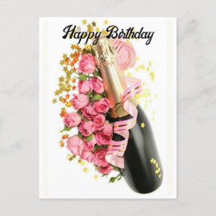Tarjeta de cumpleaños de champán y rosas rosadas