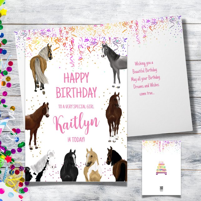Tarjeta de cumpleaños de Chica de caballos con nom (Horse Lover Birthday Card with Name and Age, many horses different colors)