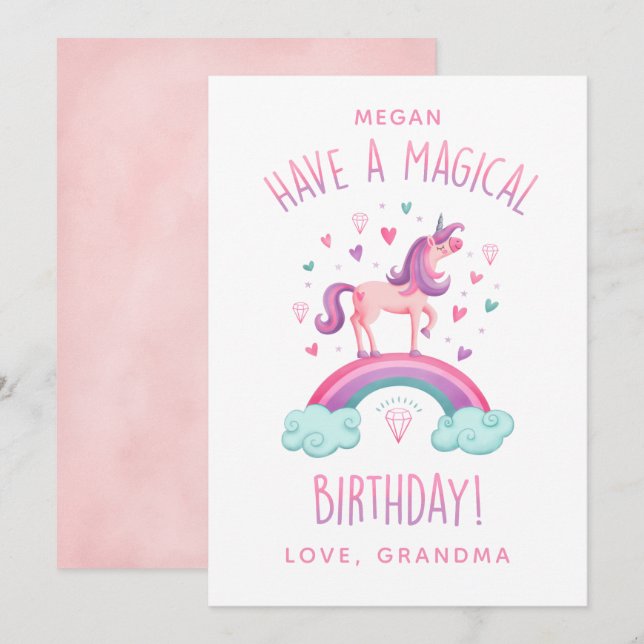 Tarjeta de cumpleaños de Chica de Unicornio arcoir (Anverso / Reverso)