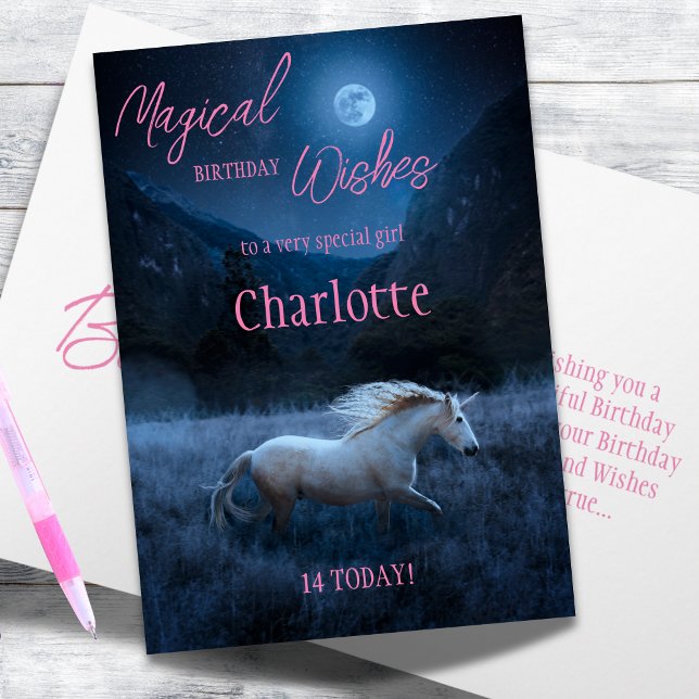 Tarjeta de cumpleaños de Chica de unicornio blanco (White Unicorn Girl Birthday Card with Name and Age)