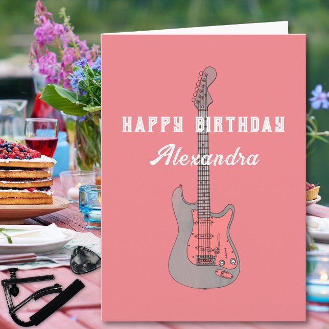 Tarjeta de cumpleaños de Chicas guitaristas rosado (Pink electric guitar personalized happy birthday greetings card)