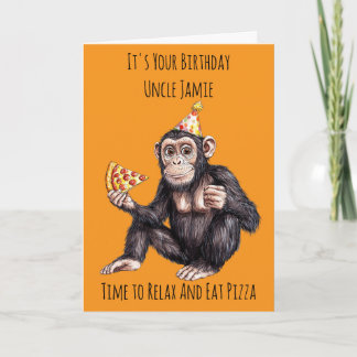 Tarjeta de cumpleaños de chimpancé comiendo pizza