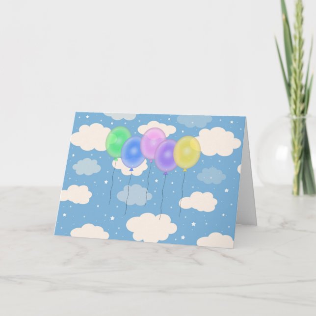 Tarjeta de cumpleaños de cinco globos coloridos (Anverso)