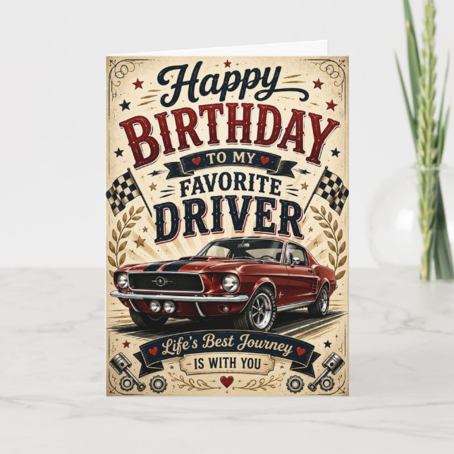 Tarjeta de cumpleaños de coche clásico para marido (Anverso)