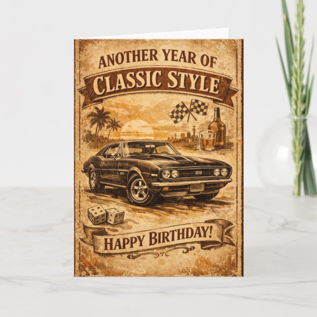 Tarjeta de cumpleaños de coche clásico vintage par (Anverso)