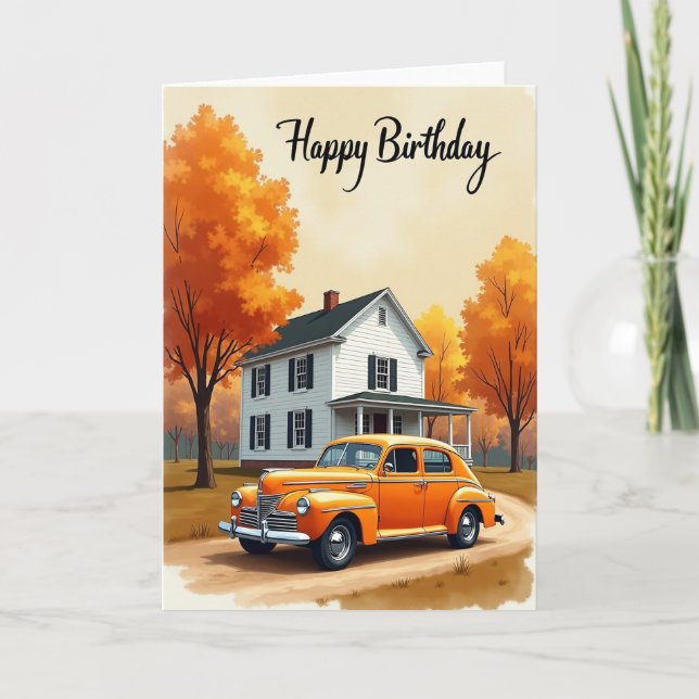 Tarjeta de cumpleaños de coche otoñal (Anverso)