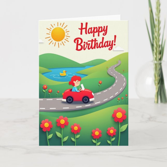 Tarjeta de cumpleaños de coche rojo alegre (Anverso)