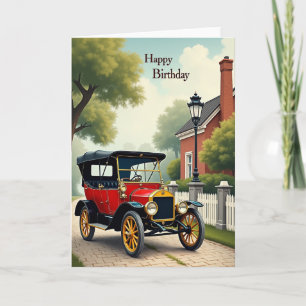 Tarjeta de cumpleaños de coche rojo alegre